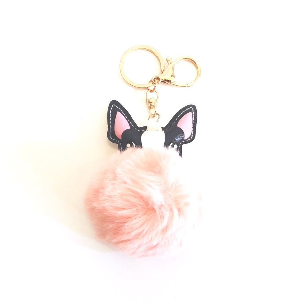 Cute fuzzy pink Pom Pom dog keychain